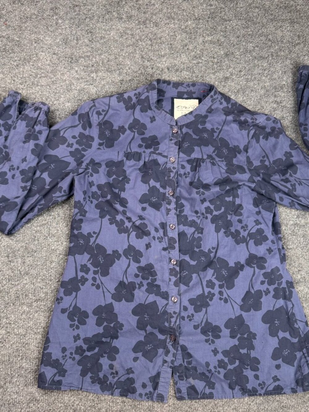 Esprit Women Blue Floral Long Sleeve Band Collar Button Down Shirt SzUS 8  Stain